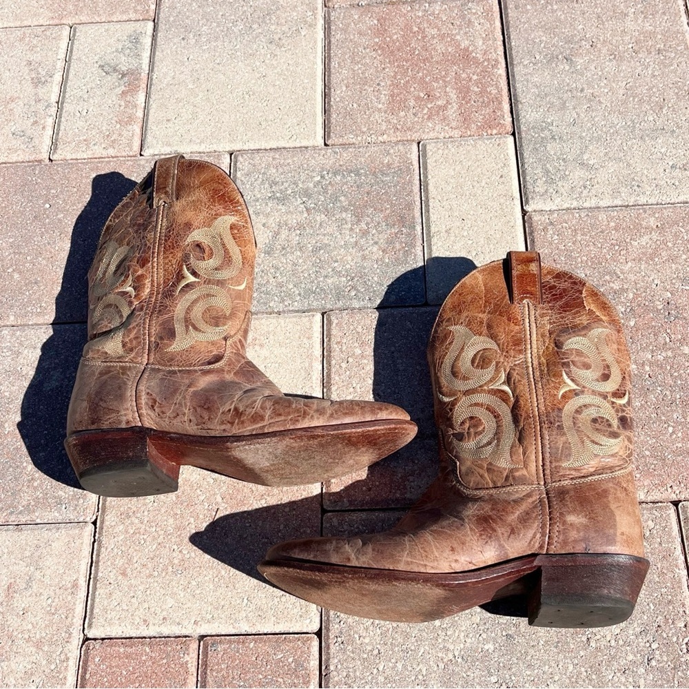Justin Bent Rail Cowgirl Boots Cognac Tan Leather Mid-Calf Western - Picture 3 of 9